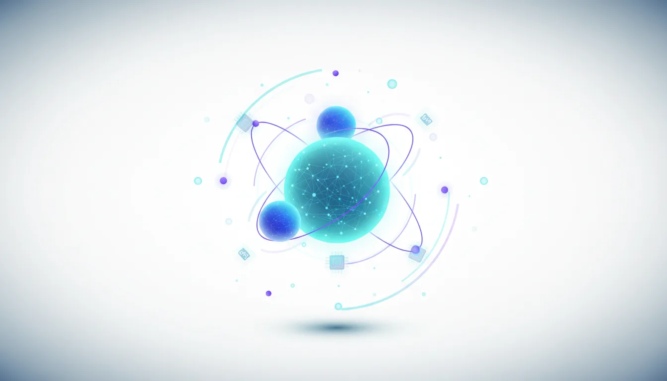 Abstract atomic structure with glowing spheres and orbiting lines, representing AI and complex data processing.