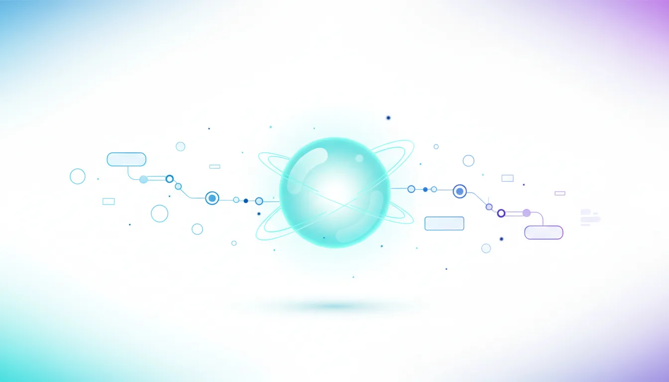 Abstract representation of a central glowing sphere with orbiting rings, connected by lines and nodes, symbolizing AI integration and autonomous workflows.