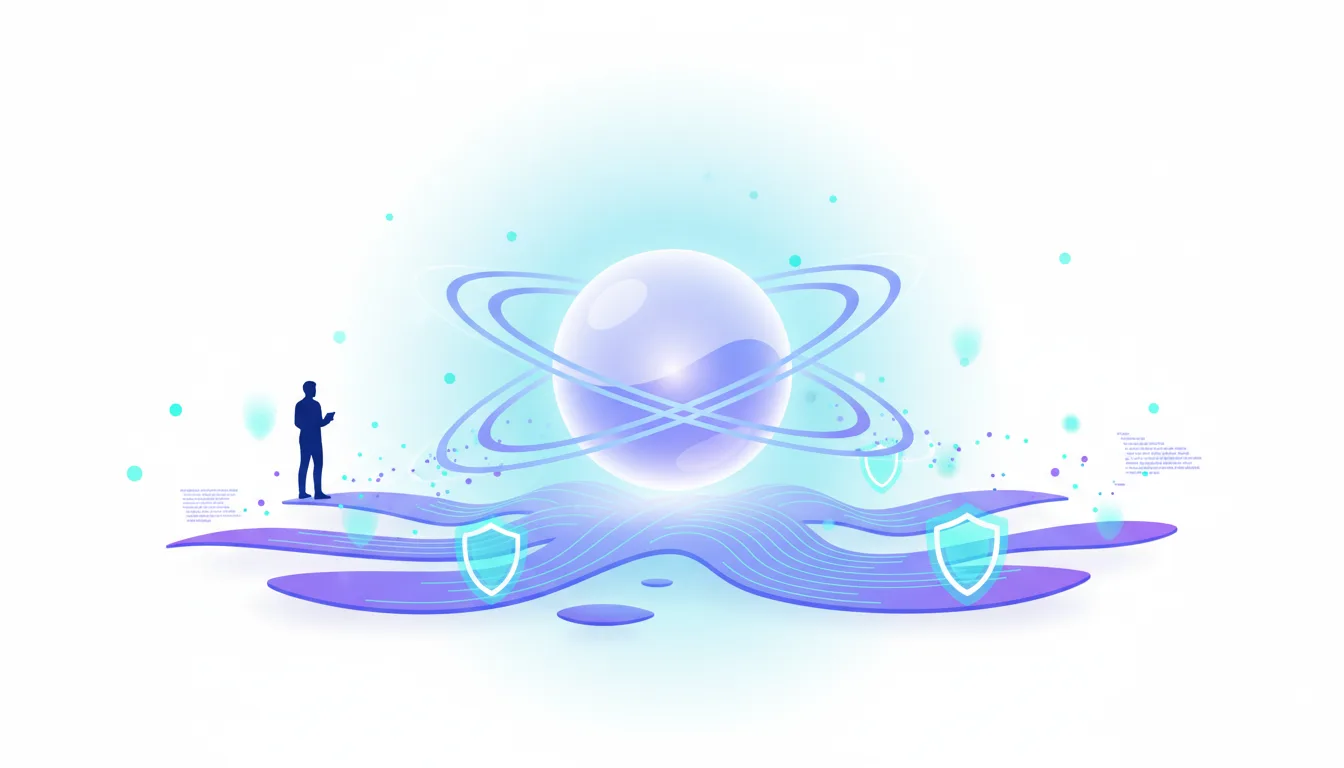 Abstract representation of secure AI development with a central glowing orb, orbiting rings, and shield icons, symbolizing safety and advanced technology.