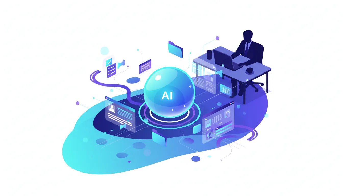 Abstract visualization of AI agents assisting a businessman at his desk, managing tasks and data flow.