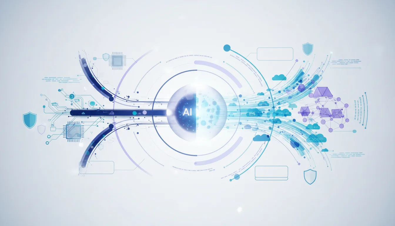 Abstract visualization of AI technology flow from left to right, showing data processing and cloud integration with security icons.