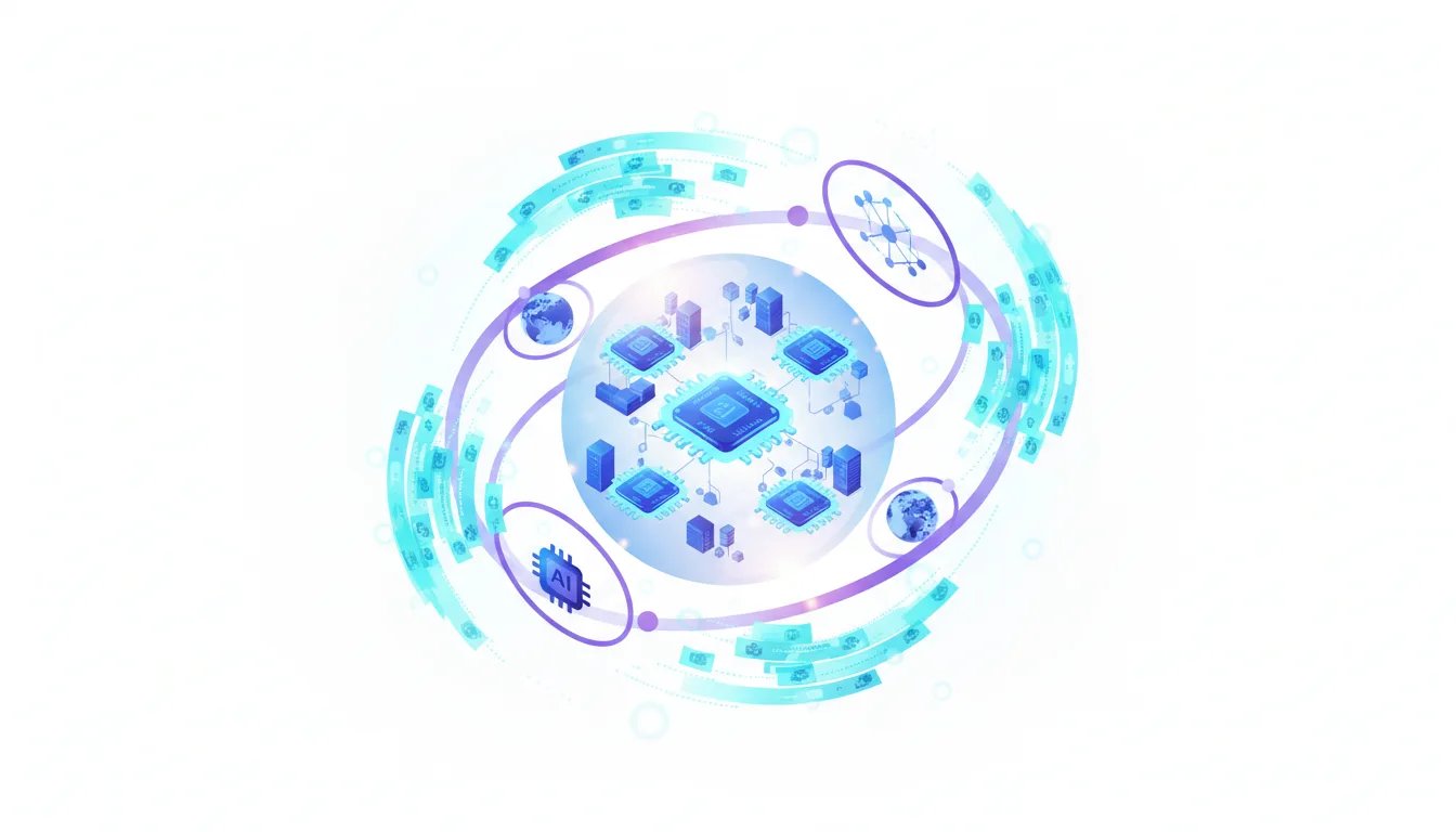 Abstract visualization of AI technology with interconnected processors, globes, and data streams, representing global AI infrastructure and compute power.