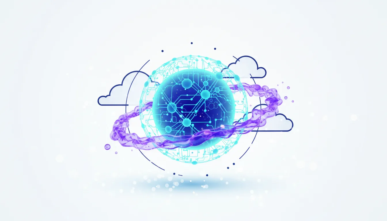 Abstract glowing sphere with circuit board patterns, surrounded by purple liquid and stylized clouds, symbolizing AI and cloud computing.