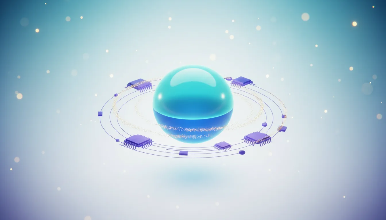 Abstract representation of a glowing sphere surrounded by orbiting microchips and data points, symbolizing AI compute power.