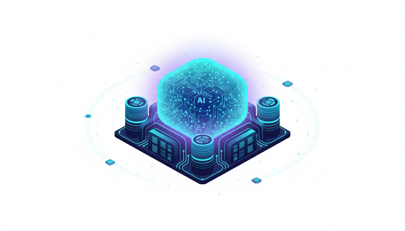 Abstract representation of AI technology with a glowing cube displaying circuits and the letters AI, surrounded by servers and data nodes.