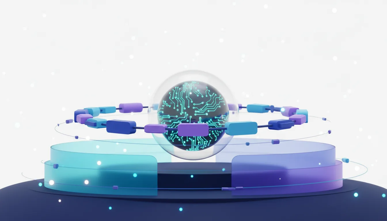 Abstract representation of AI compute power with a glowing circuit board sphere at the center, surrounded by orbiting nodes.