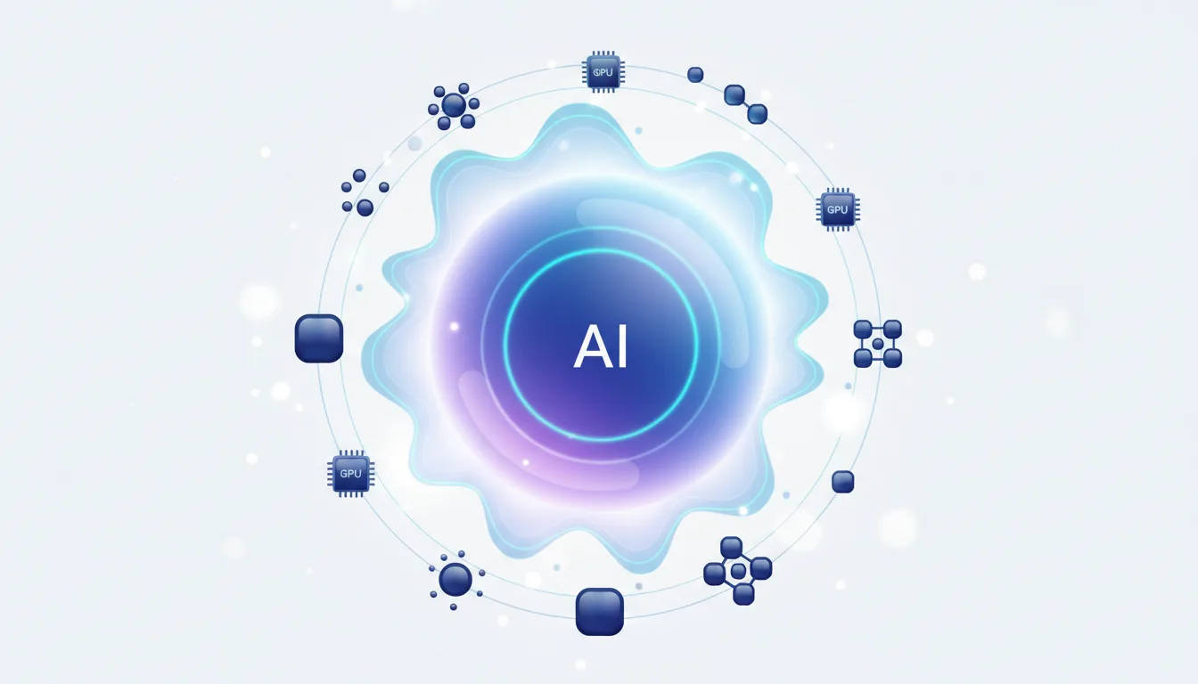 Abstract visualization of AI with a central glowing orb labeled AI surrounded by GPU chips and data clusters.