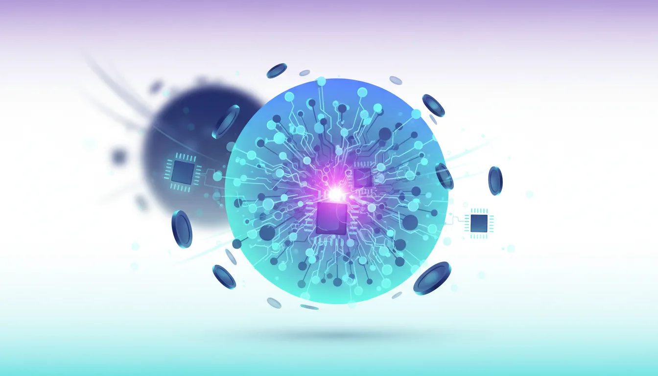 Abstract visualization of a glowing neural network with interconnected nodes and circuits, representing AI technology and data processing.