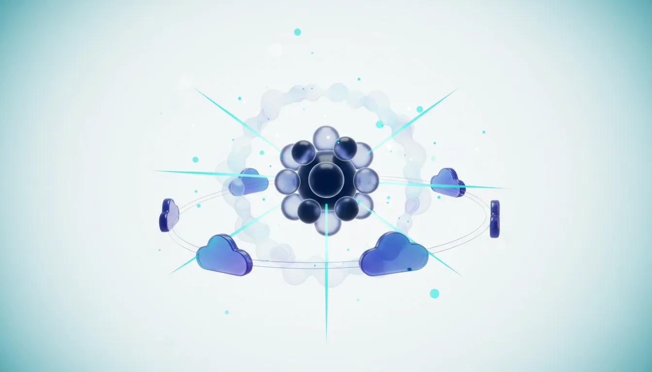 Abstract representation of AI infrastructure with a central core surrounded by cloud symbols and glowing connections.