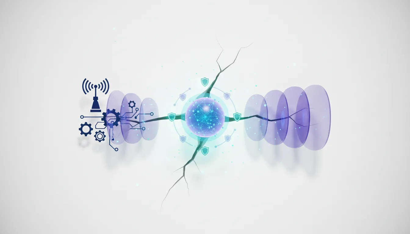Abstract representation of AI safety versus national security, with a cracked sphere symbolizing conflict and digital gears and shields representing AI technology.