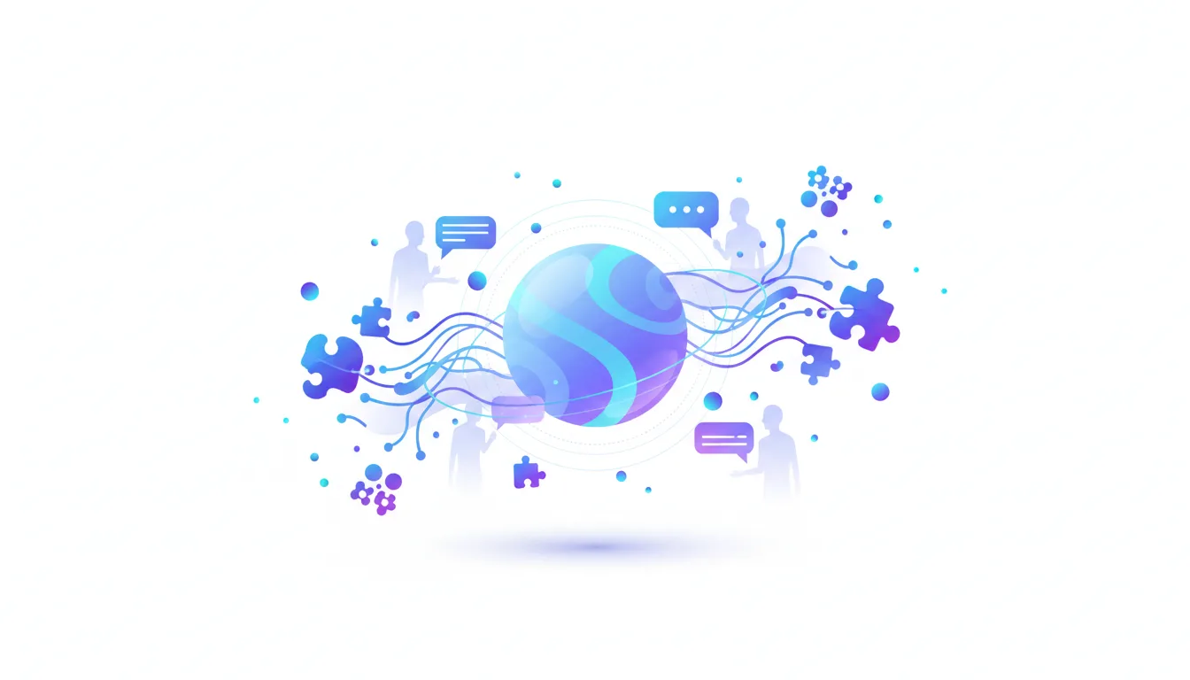 Abstract visualization of AI connecting people and data through a central globe, representing scalable user research and theme extraction.