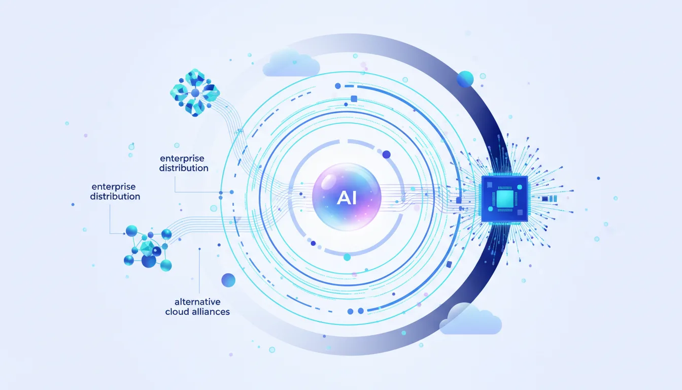 Abstract AI concept with concentric circles, enterprise distribution nodes, and a central AI sphere connected to a processor.