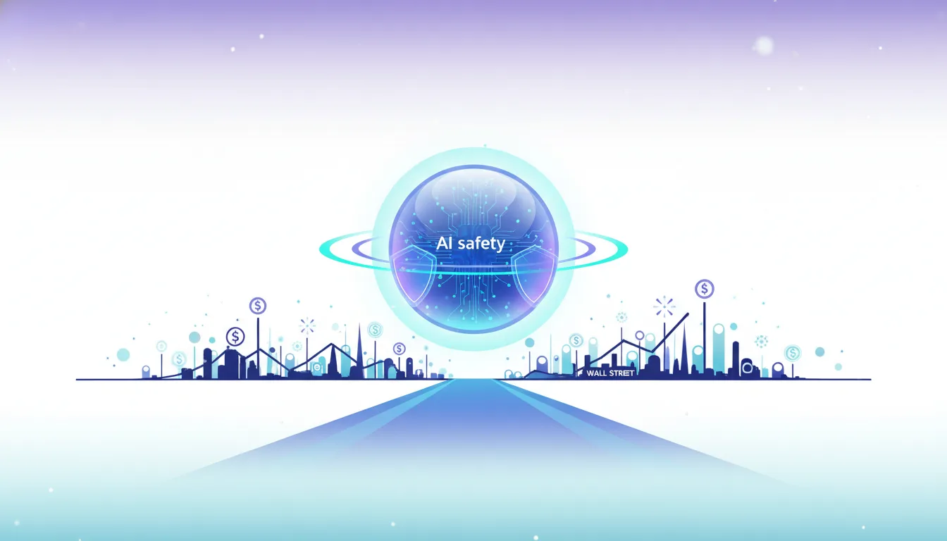 Abstract AI safety globe hovers over a cityscape with Wall Street financial charts and dollar signs, symbolizing the IPO race.
