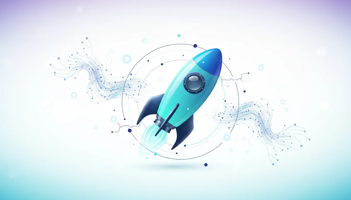 A stylized rocket ship launches amidst abstract digital circuits and glowing lines, symbolizing AI innovation and investment potential.