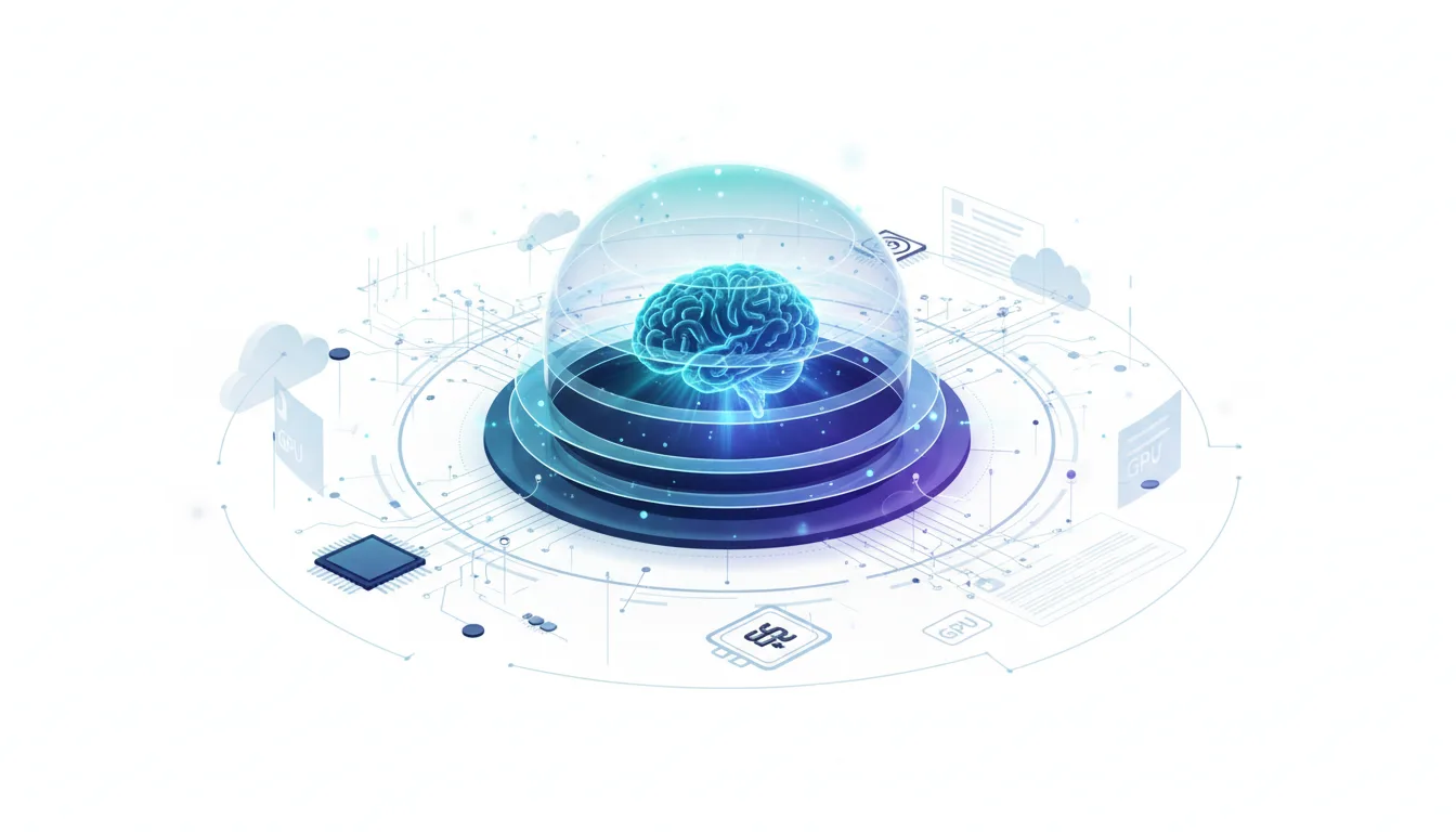 Abstract illustration of a glowing AI brain protected by a dome, surrounded by circuitry and cloud symbols, representing AI development and security.