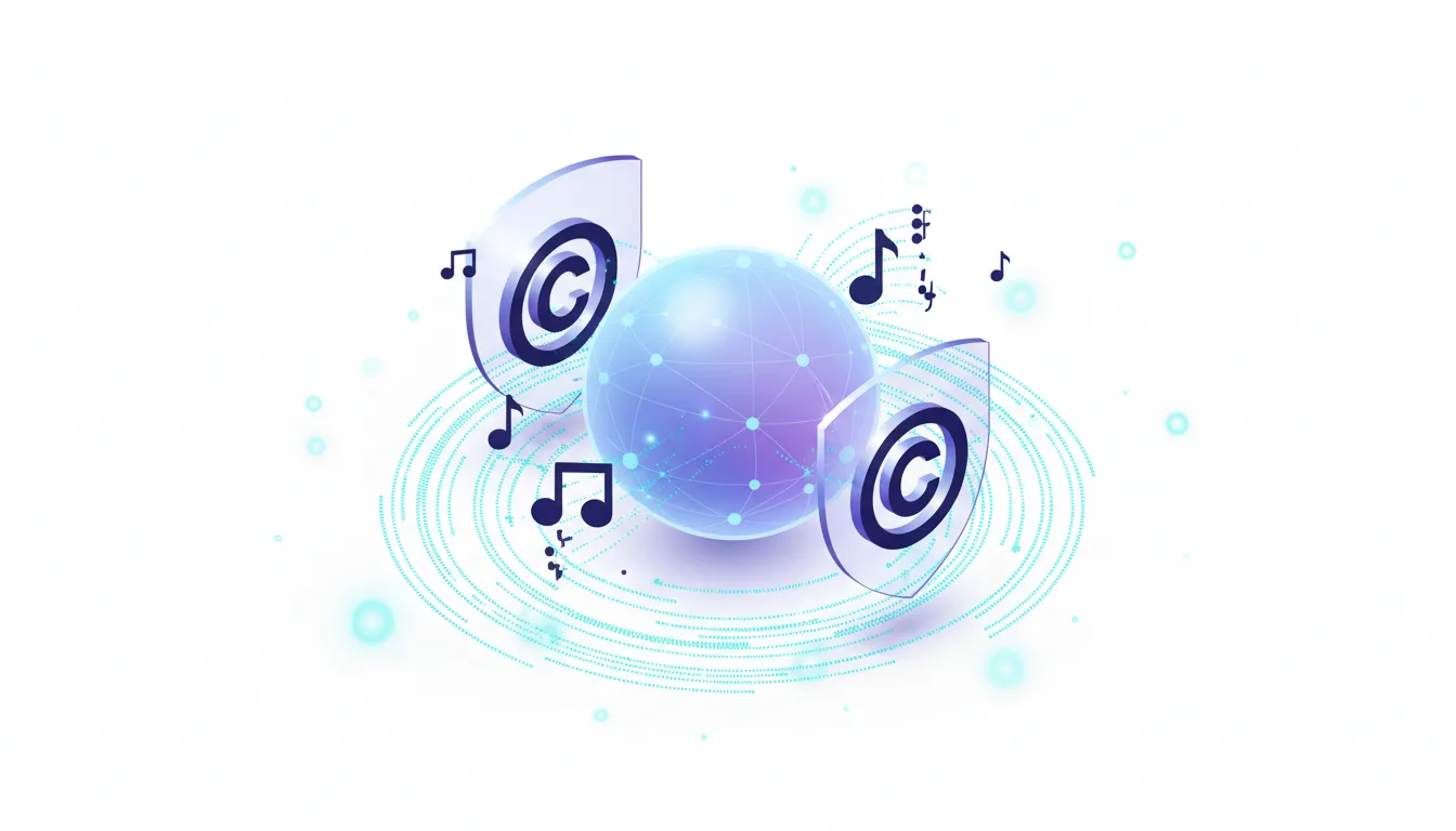 Abstract illustration of a glowing sphere surrounded by musical notes and copyright symbols on shields, representing AI and copyright infringement.