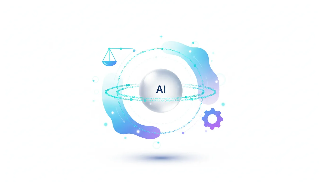 Abstract visualization of AI with a central sphere labeled 'AI' surrounded by orbits, scales of justice, and a gear, representing efficiency and safety.