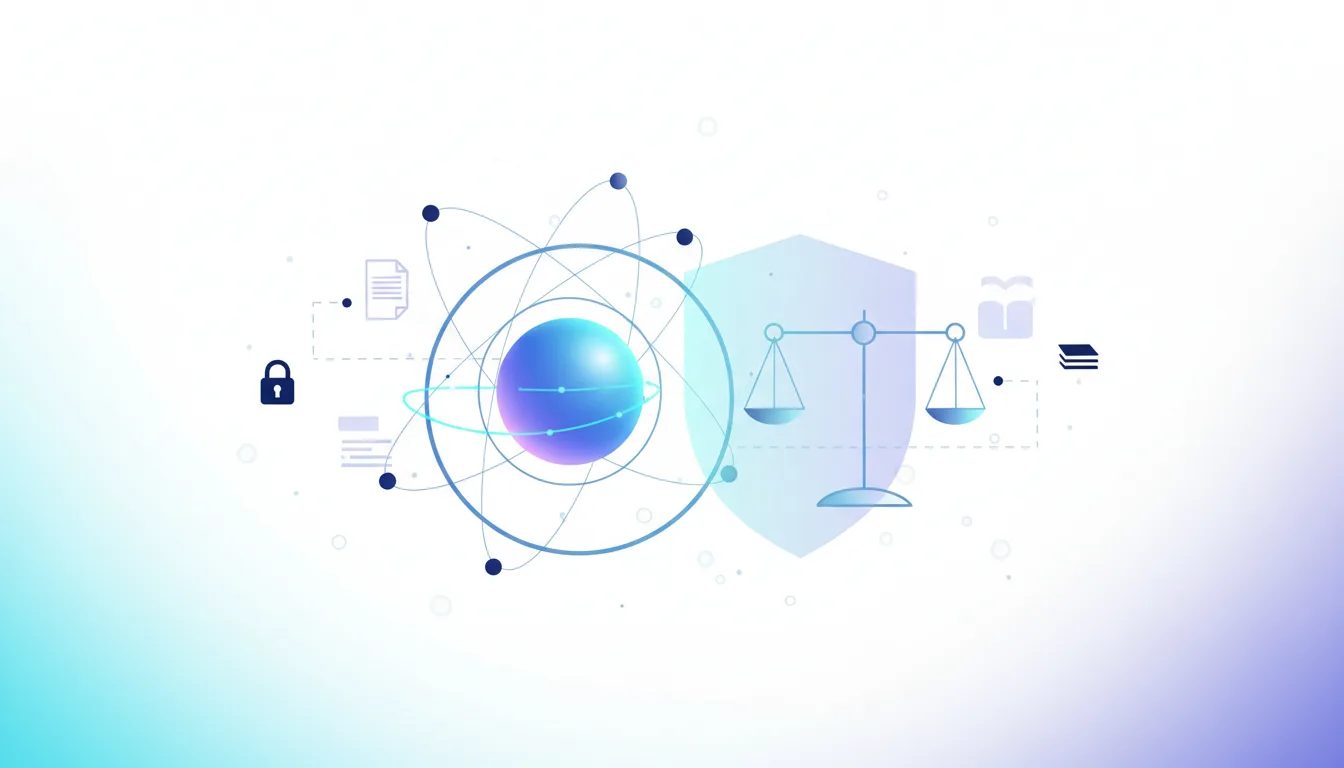 Abstract illustration of AI governance with a lock, atom, and scales of justice symbolizing legal tech integration and security.