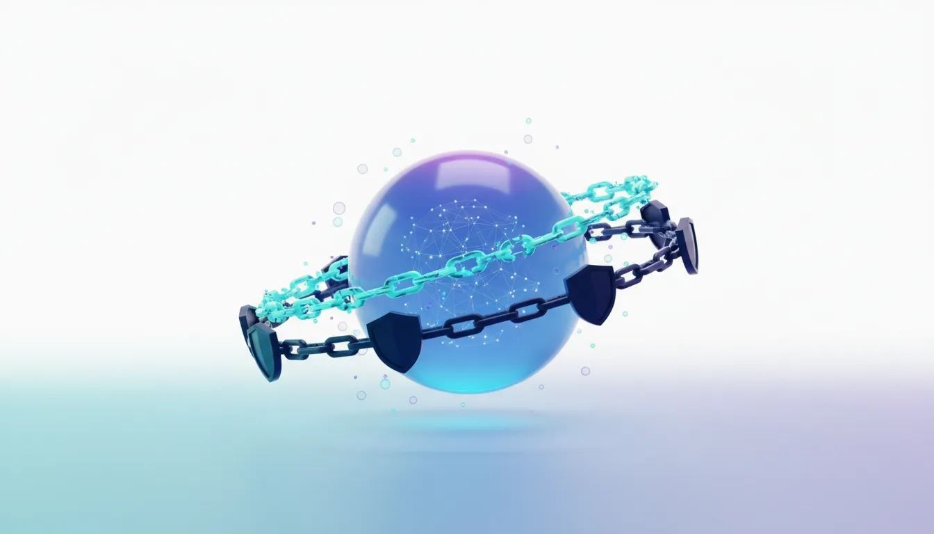 Abstract sphere with AI brain graphic inside, encircled by chains and shields, symbolizing AI legal battles and security concerns.