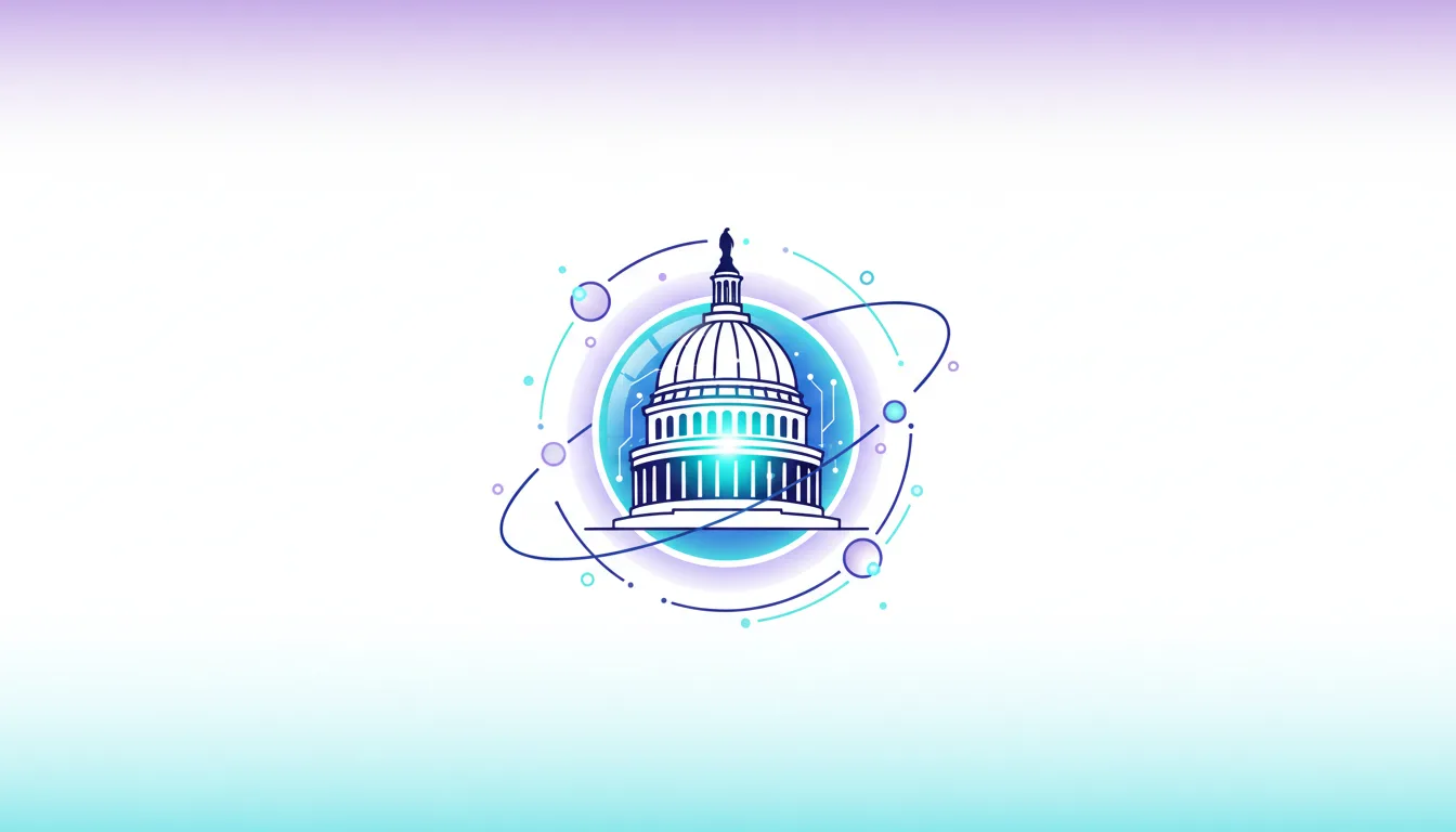 US Capitol building stylized with circuit board elements and orbiting spheres, representing AI policy influence in Washington D.C.