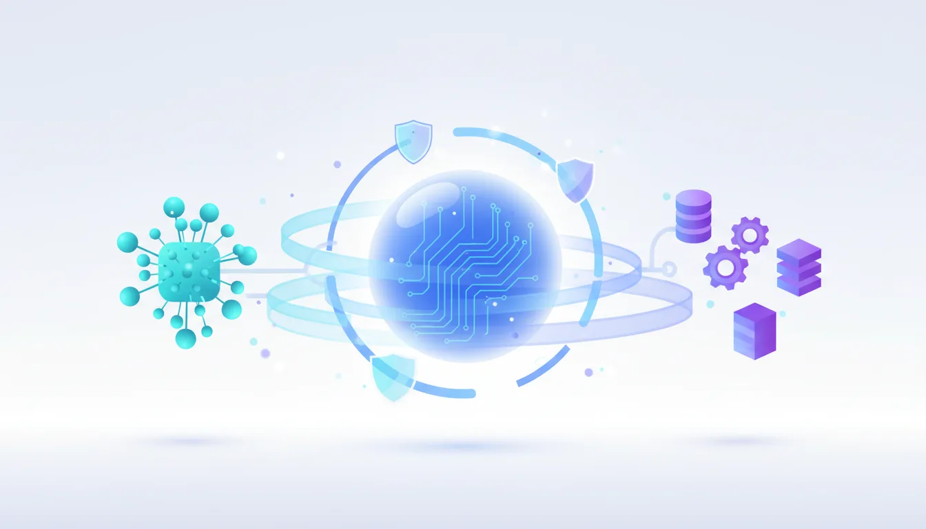 Abstract representation of secure AI connections with a central circuit board sphere, shields, and data icons.