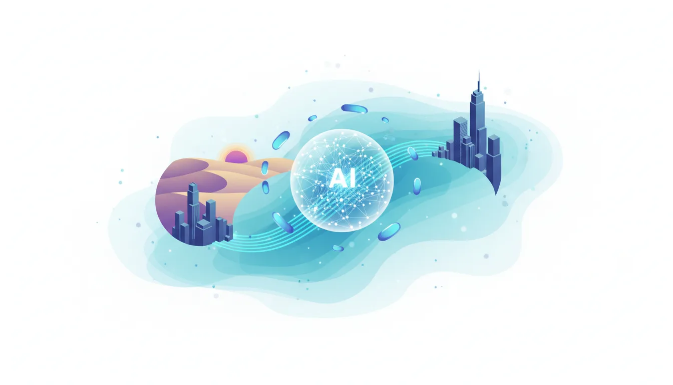 Abstract illustration showing a glowing AI sphere connecting desert and city landscapes, symbolizing global AI development and investment.