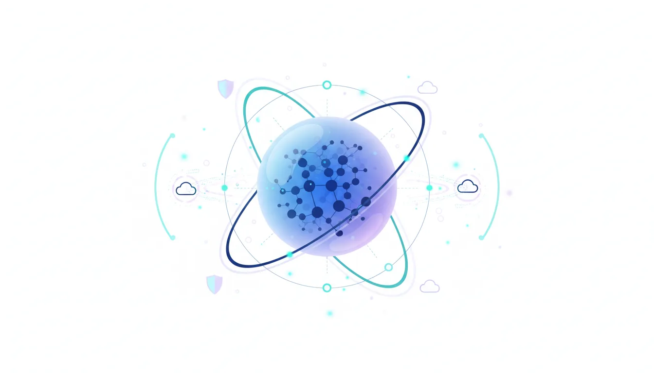 Abstract representation of AI technology with a central glowing sphere connected by lines and orbits, symbolizing global networks and data security.