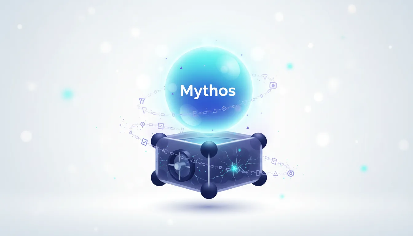 A glowing orb labeled Mythos hovers above a stylized vault, symbolizing AI security in finance.