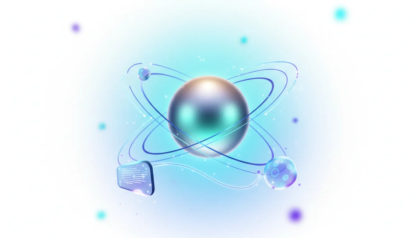 Abstract atomic structure with a central metallic sphere and orbiting elements, representing AI and new pricing models.