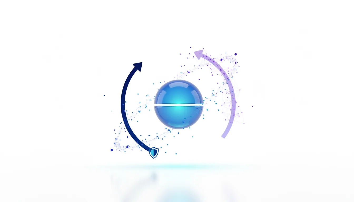 Abstract graphic with a blue sphere, arrows, and particles symbolizing AI safety and defense negotiations.
