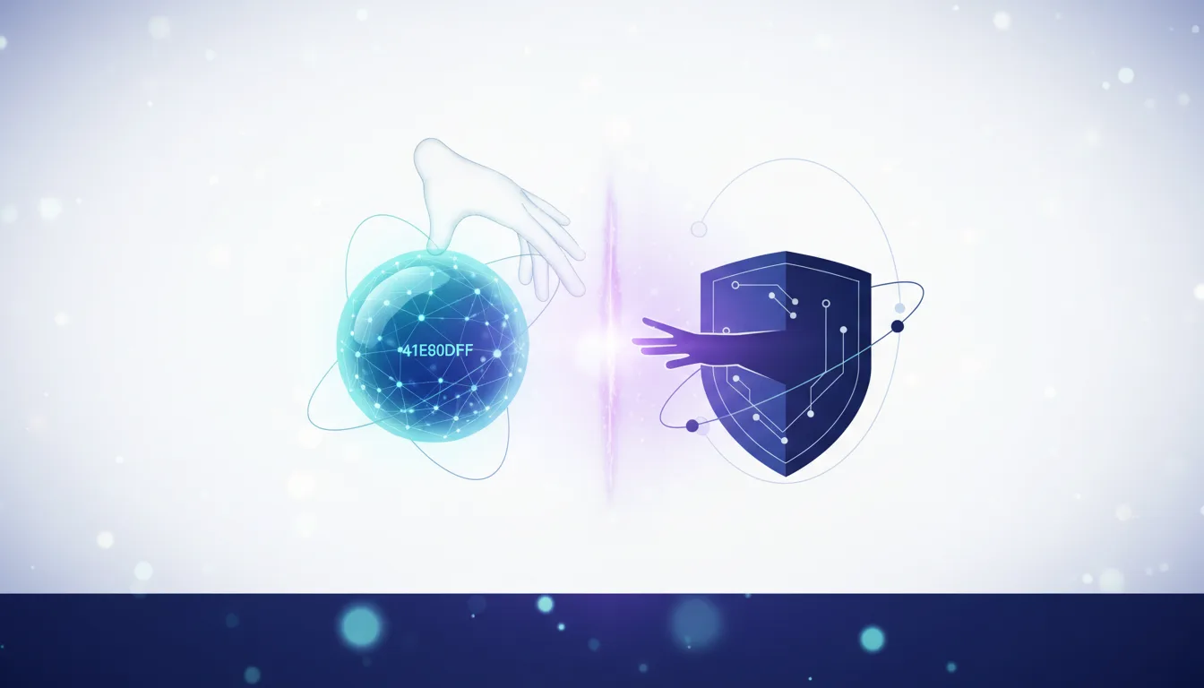Abstract illustration of a glowing sphere representing AI technology being offered, contrasted with a shield symbolizing defense, with hands reaching between them.