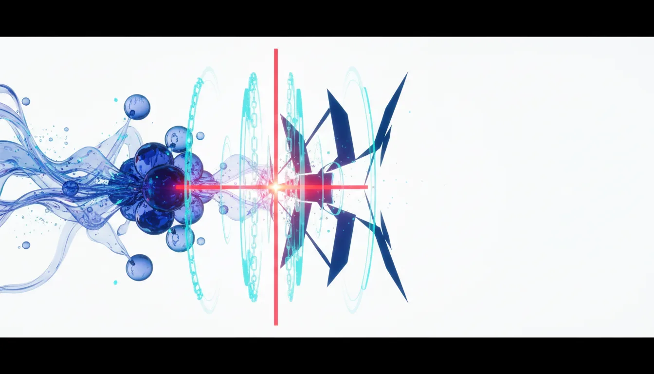 Abstract representation of AI technology with glowing spheres, chains, and sharp geometric shapes colliding with a red laser beam.