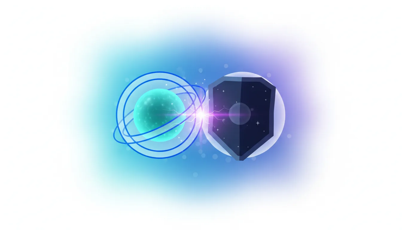 Abstract representation of a glowing green sphere with orbiting rings being protected by a dark shield, symbolizing AI ethics and defense.
