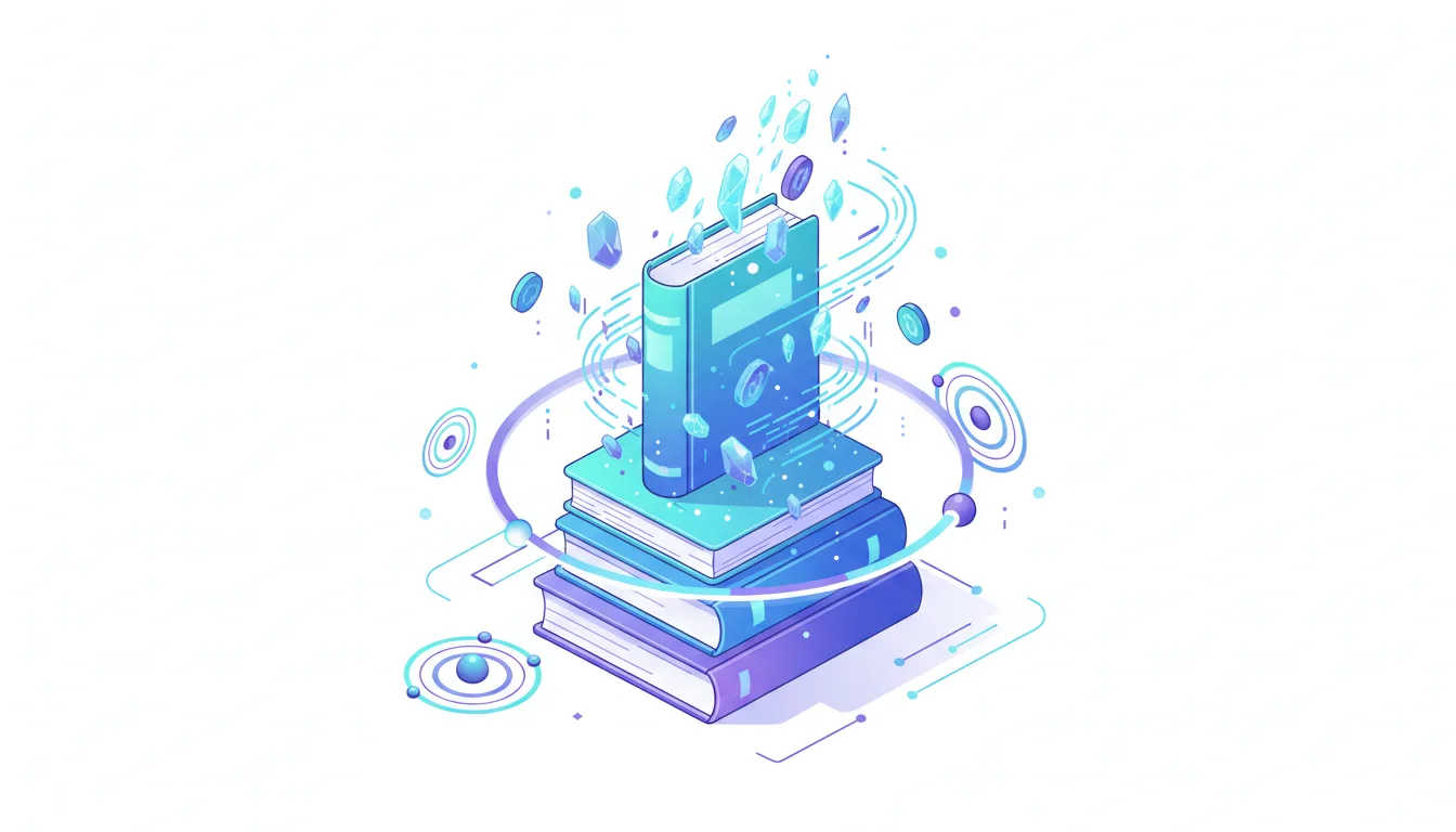 Stack of books with digital elements and crystals, symbolizing AI training data acquisition from physical sources.