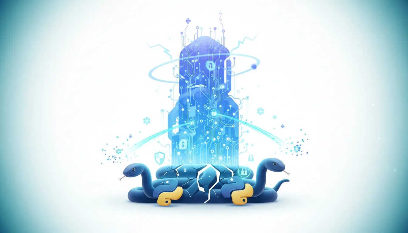 Two blue Python snakes coiled around a cracked foundation supporting a glowing blue AI structure with circuit board patterns and security icons.