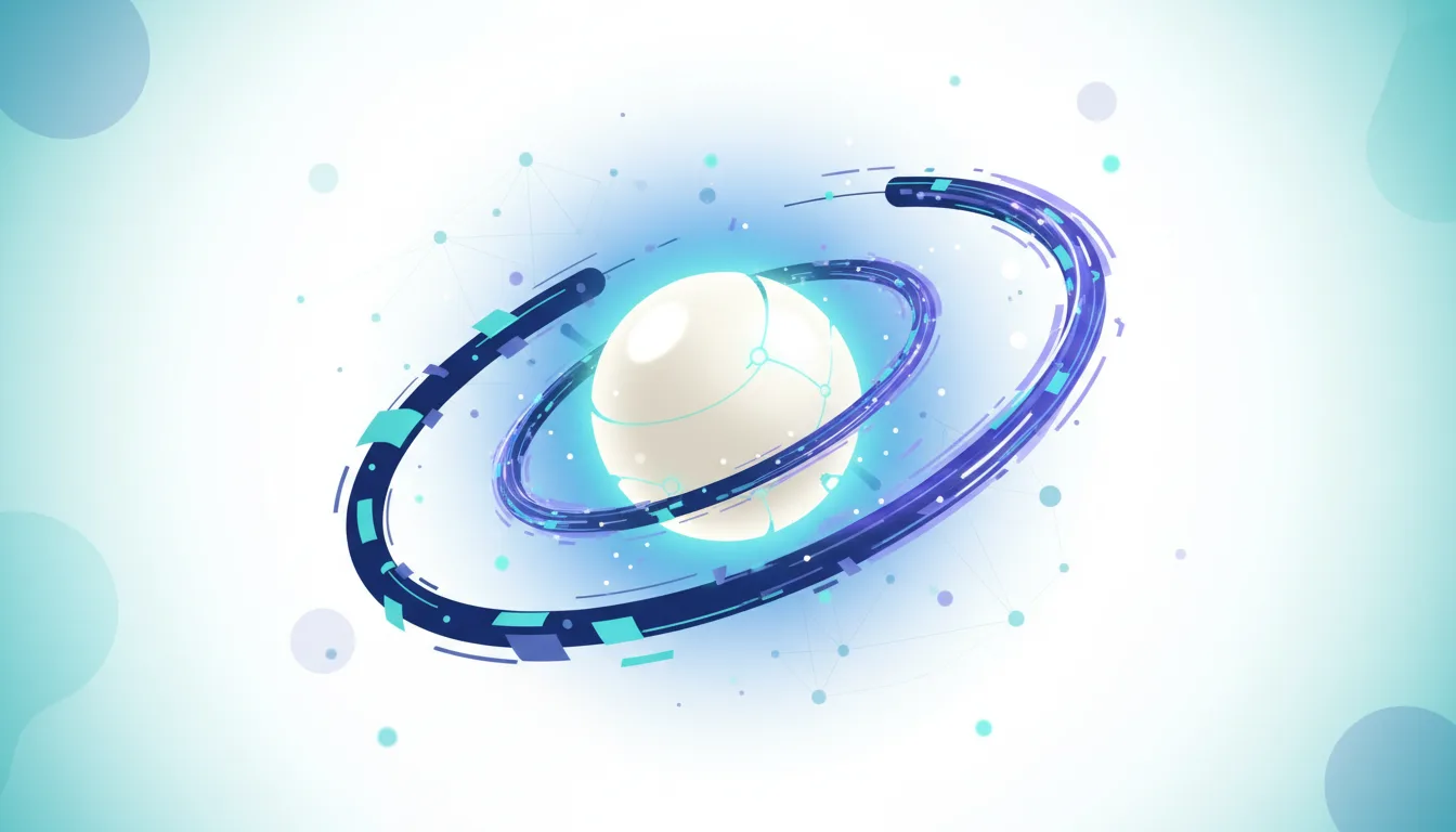 Abstract digital art depicting a glowing white sphere surrounded by orbiting rings of futuristic technology and interconnected nodes, symbolizing AI innovation.