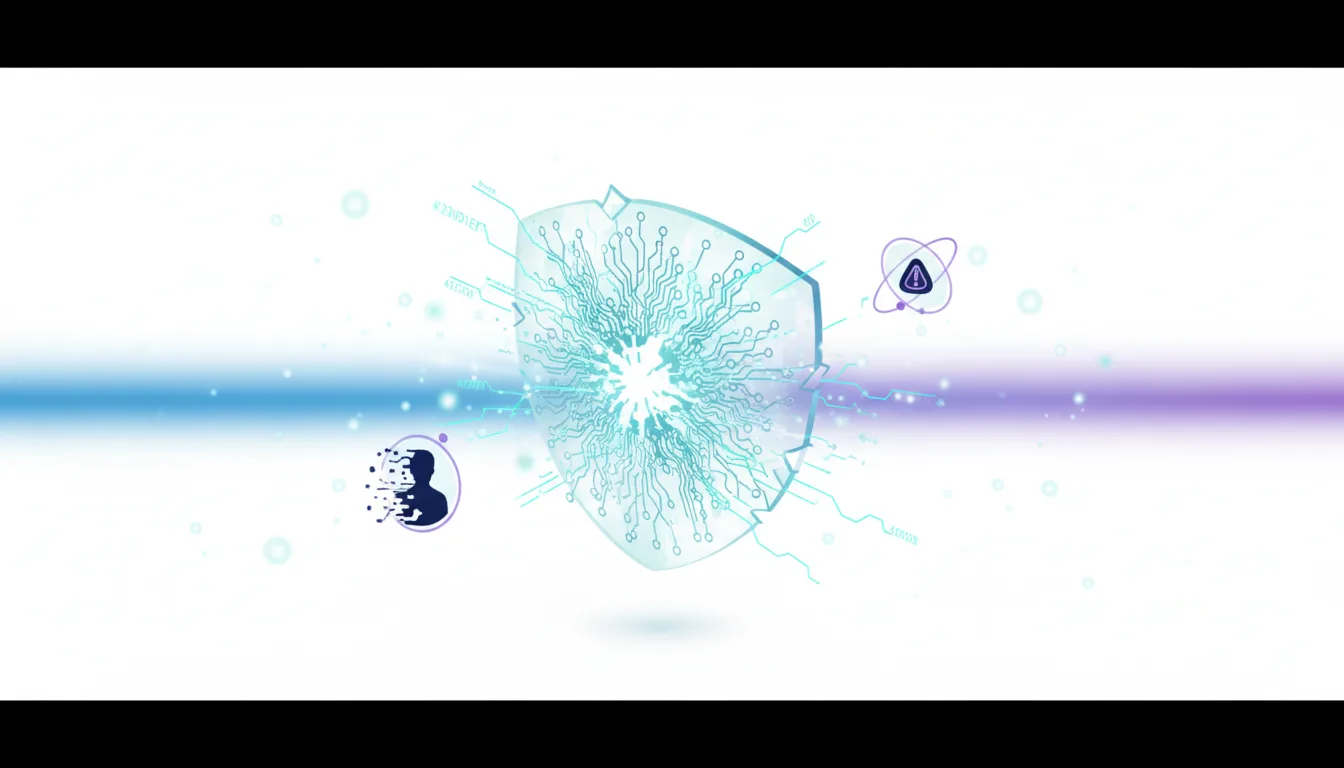 Abstract shield with glowing circuitry and digital human icon representing AI safety and security concerns.