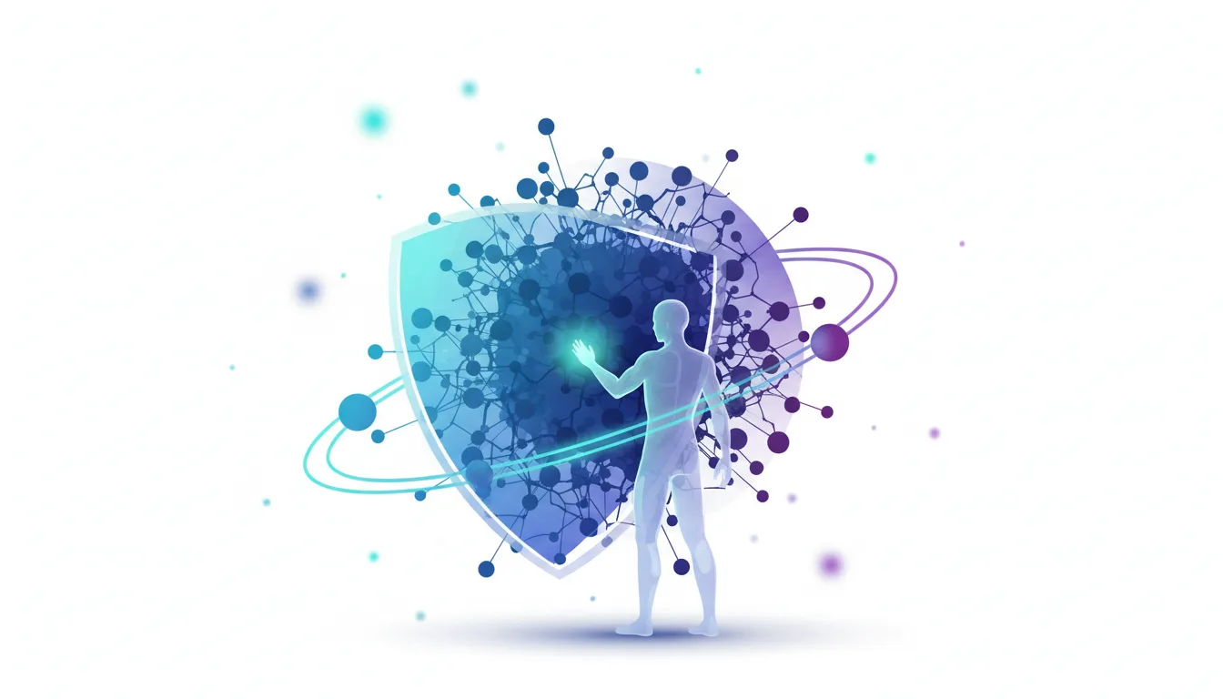Human figure interacting with a digital shield representing AI safety and protection against complex molecular network.