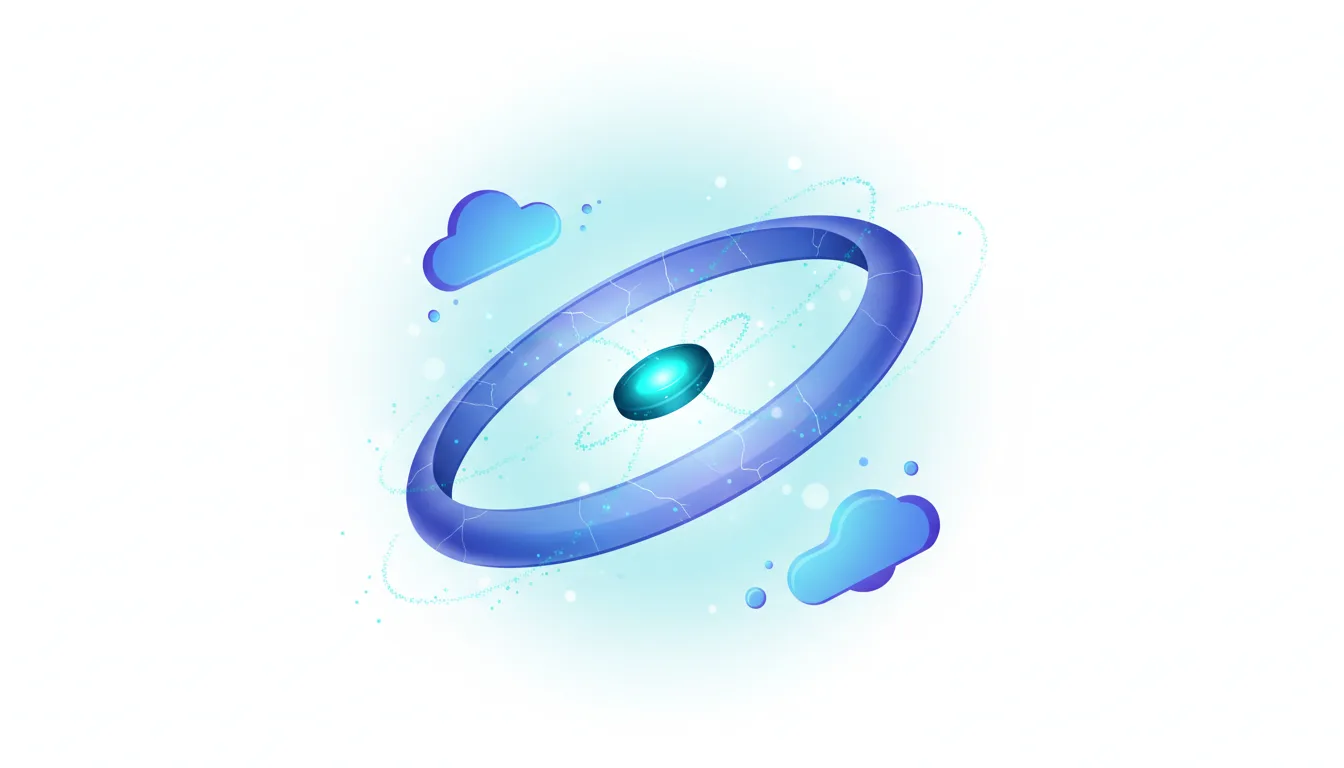 Abstract illustration of a blue ring with a glowing core, surrounded by clouds and digital particles, symbolizing AI and cloud technology growth.