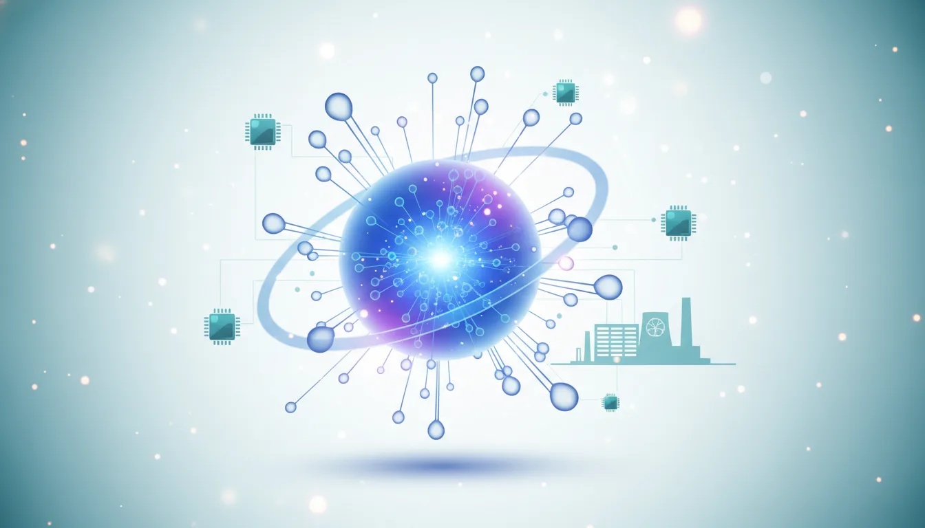 Abstract representation of AI technology with a central glowing sphere connected to microchips and a factory, symbolizing infrastructure and compute power.