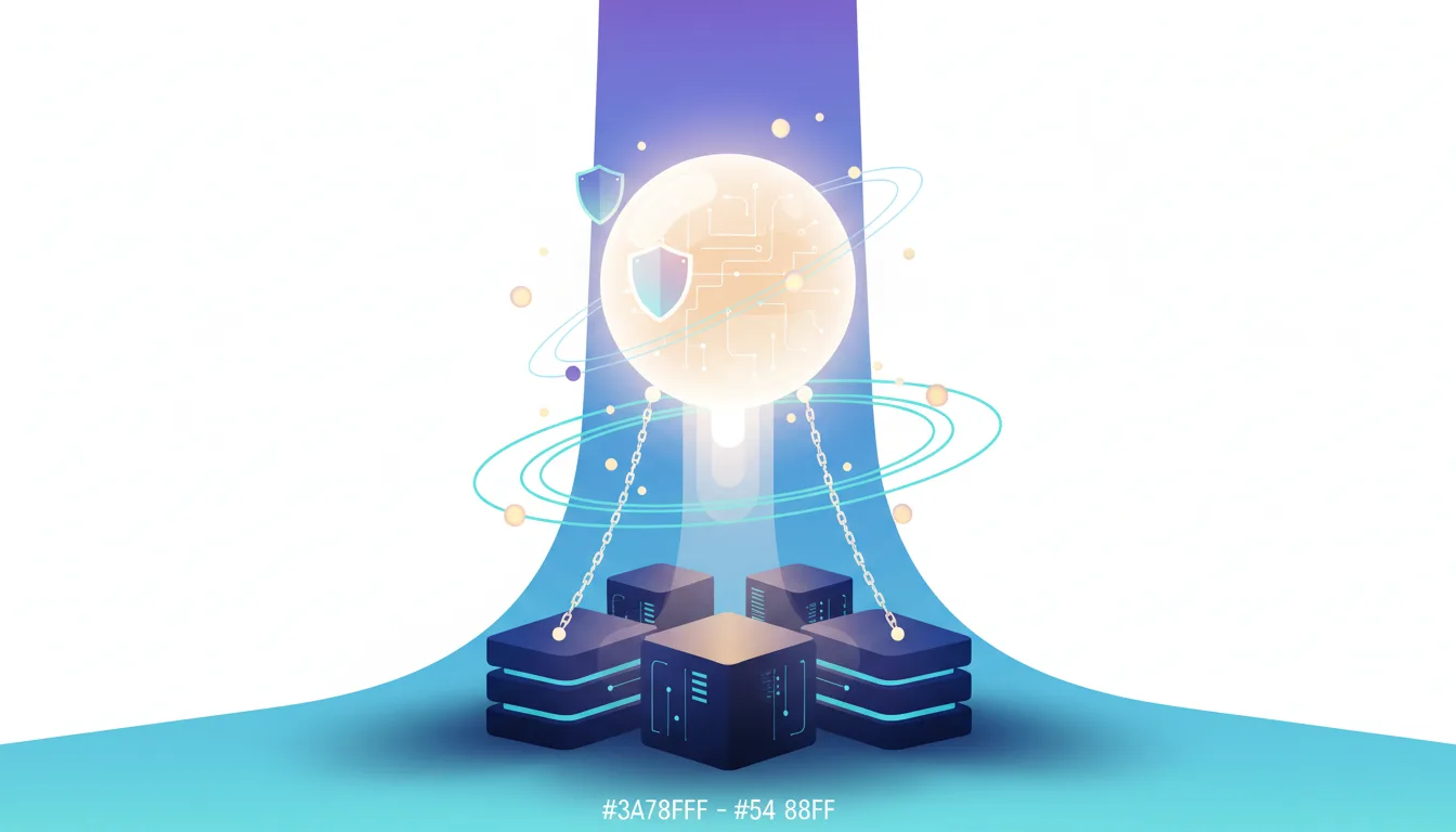 Abstract illustration of secure AI infrastructure with glowing servers supporting a protected central sphere.