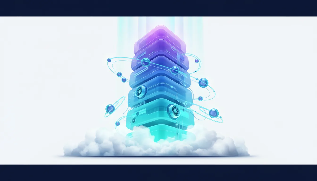 Abstract representation of a multi-layered server stack with glowing blue and purple accents, surrounded by orbiting spheres and resting on clouds, symbolizing AI compute infrastructure.