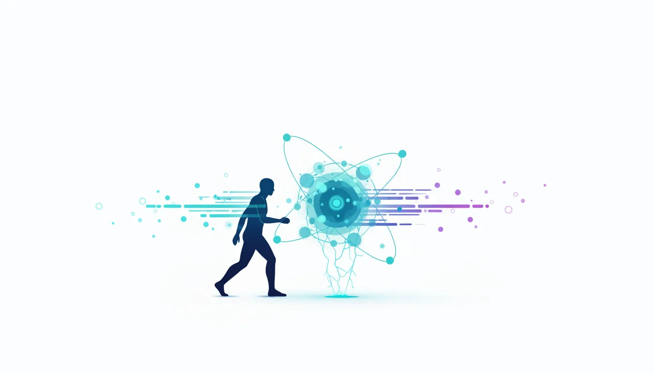 Silhouette of a person running towards a glowing atomic structure representing AI, symbolizing the pursuit of advanced technology.