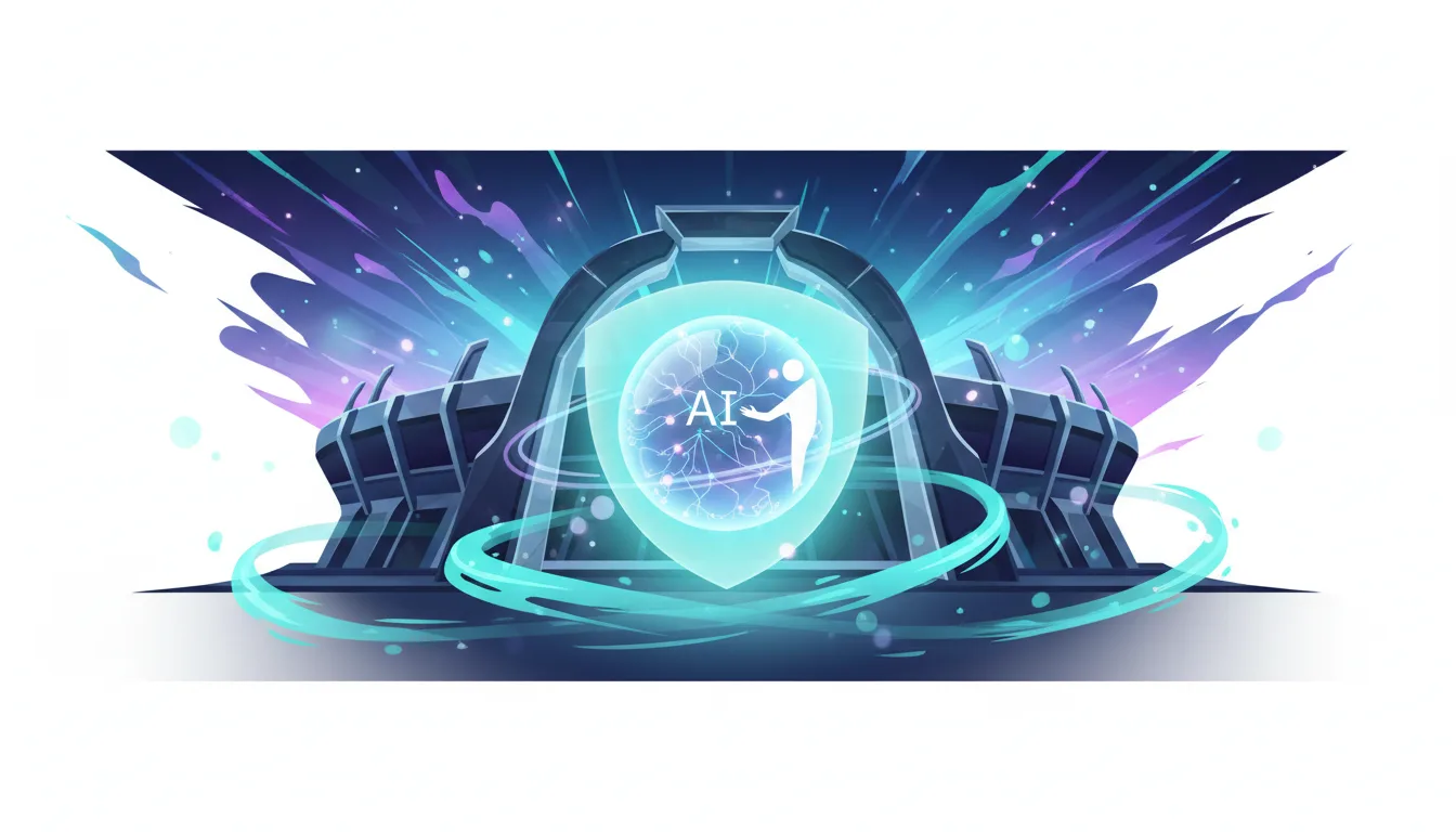 AI safety shield with a human figure and brain graphic in front of a stadium, symbolizing Anthropic's Super Bowl ad focus.