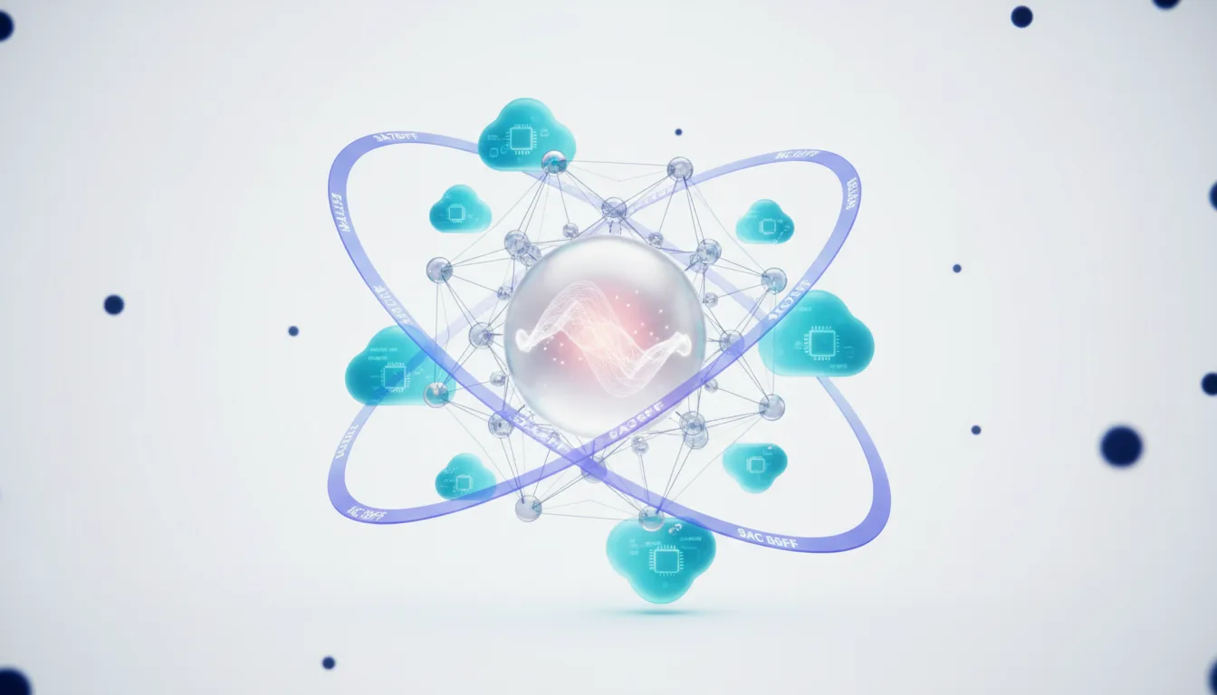 Abstract atom model with glowing core, surrounded by clouds and orbiting rings labeled with financial terms, representing Anthropic's complex AI funding landscape.