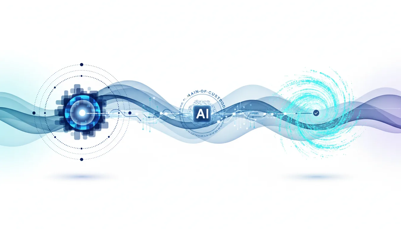 Abstract AI concept with flowing waves, digital circuits, and a central AI logo indicating chain-of-custody for provenance.