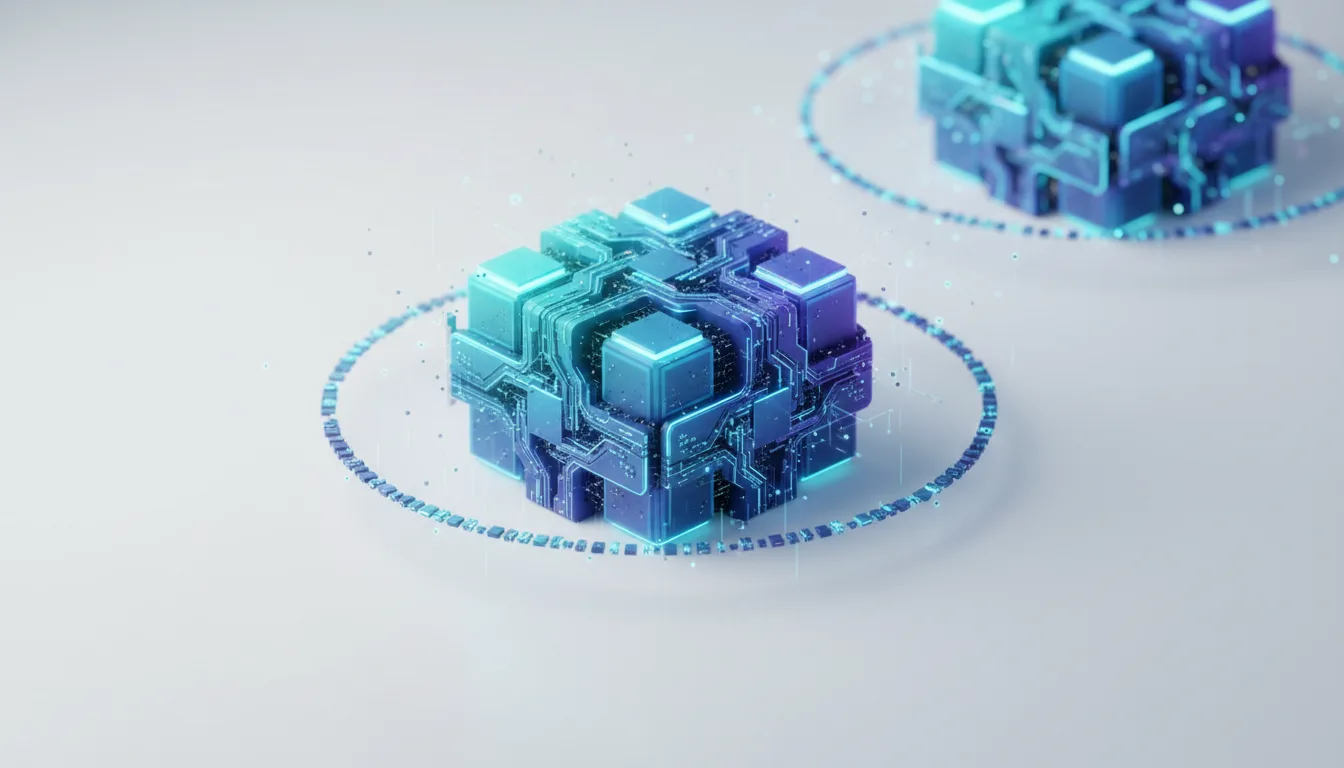 Abstract glowing cube with intricate circuitry representing advanced AI hardware and compute power.