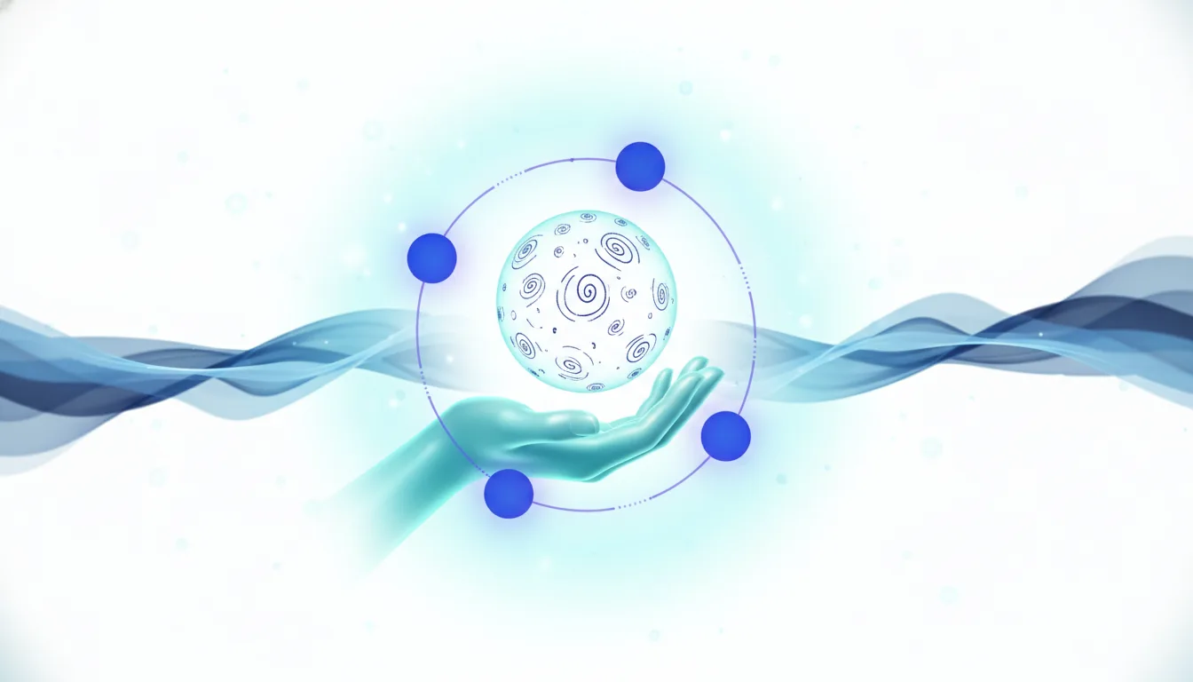 Abstract blue hand cradles a glowing orb with swirling patterns, representing human creativity in the age of AI.