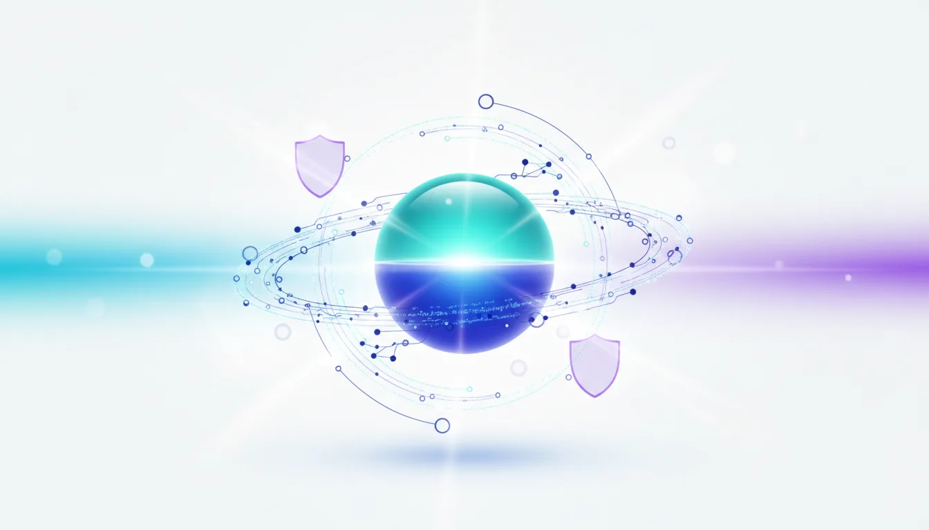 Abstract digital sphere with orbiting circuits and two shield icons, symbolizing AI privacy and innovation in web browsing.