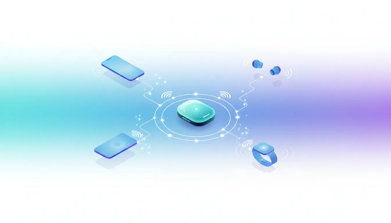 Illustration of a central AI pin device connecting wirelessly to iPhones, a smartwatch, and earbuds, symbolizing ecosystem integration.